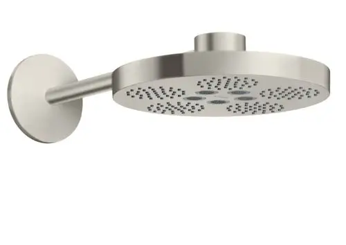 Kopfbrause aus Edelstahl mit zwei Strahlarten und Brausearm. Design von AXOR, montiert an der Wand, rund mit strukturiertem Düsenauslass.